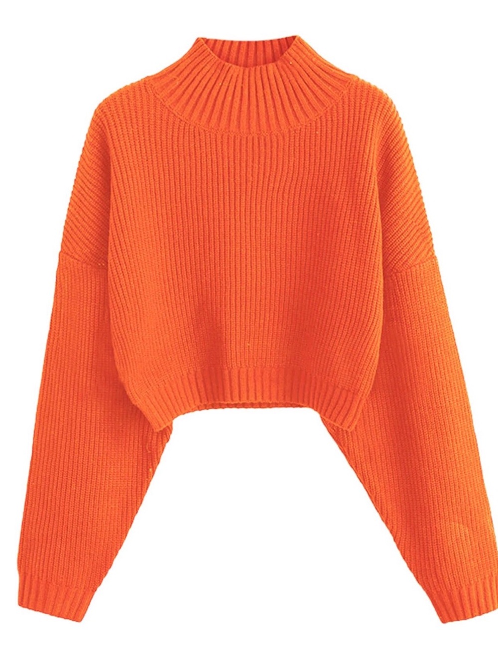 Cropped Mock Neck Ribbed Knit Sweater - Orange